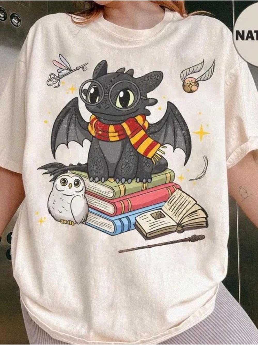 White Short-Sleeve Tee with Black Dragon & Owl Graphic